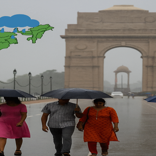 भारत गेट पर बारिश के दौरान छाता लिए चलते लोग, मानसून की स्थिति दर्शाता नक्शा भी प्रदर्शित"