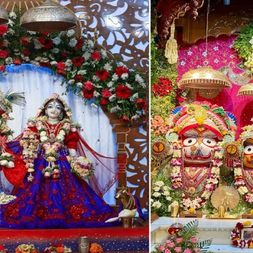 राधा-कृष्ण और जगन्नाथ, बलभद्र, सुभद्रा जी की अलंकृत मूर्तियाँ सजीव रूप में सुसज्जित