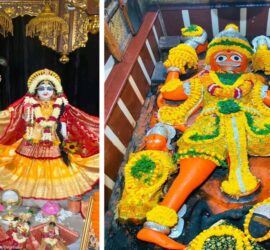 श्री राधा-कृष्ण एवं संकटमोचन हनुमान जी की भव्य झांकी, पुष्पों और श्रृंगार से सुसज्जित