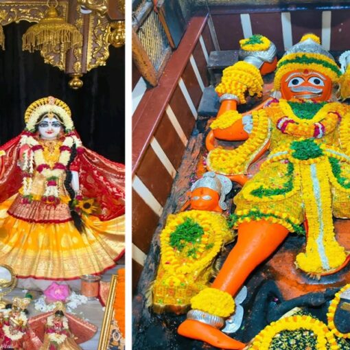 श्री राधा-कृष्ण एवं संकटमोचन हनुमान जी की भव्य झांकी, पुष्पों और श्रृंगार से सुसज्जित