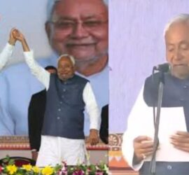 पटना के गांधी मैदान में नीतीश कुमार 10वीं बार मुख्यमंत्री पद की शपथ लेते हुए