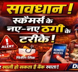 साइबर ठगी से जुड़ा न्यूज़ थंबनेल जिसमें नकाबपोश स्कैमर, फर्जी QR कोड, फिशिंग लिंक, डिजिटल अरेस्ट और UPI फ्रॉड की चेतावनी दिखाई गई है।